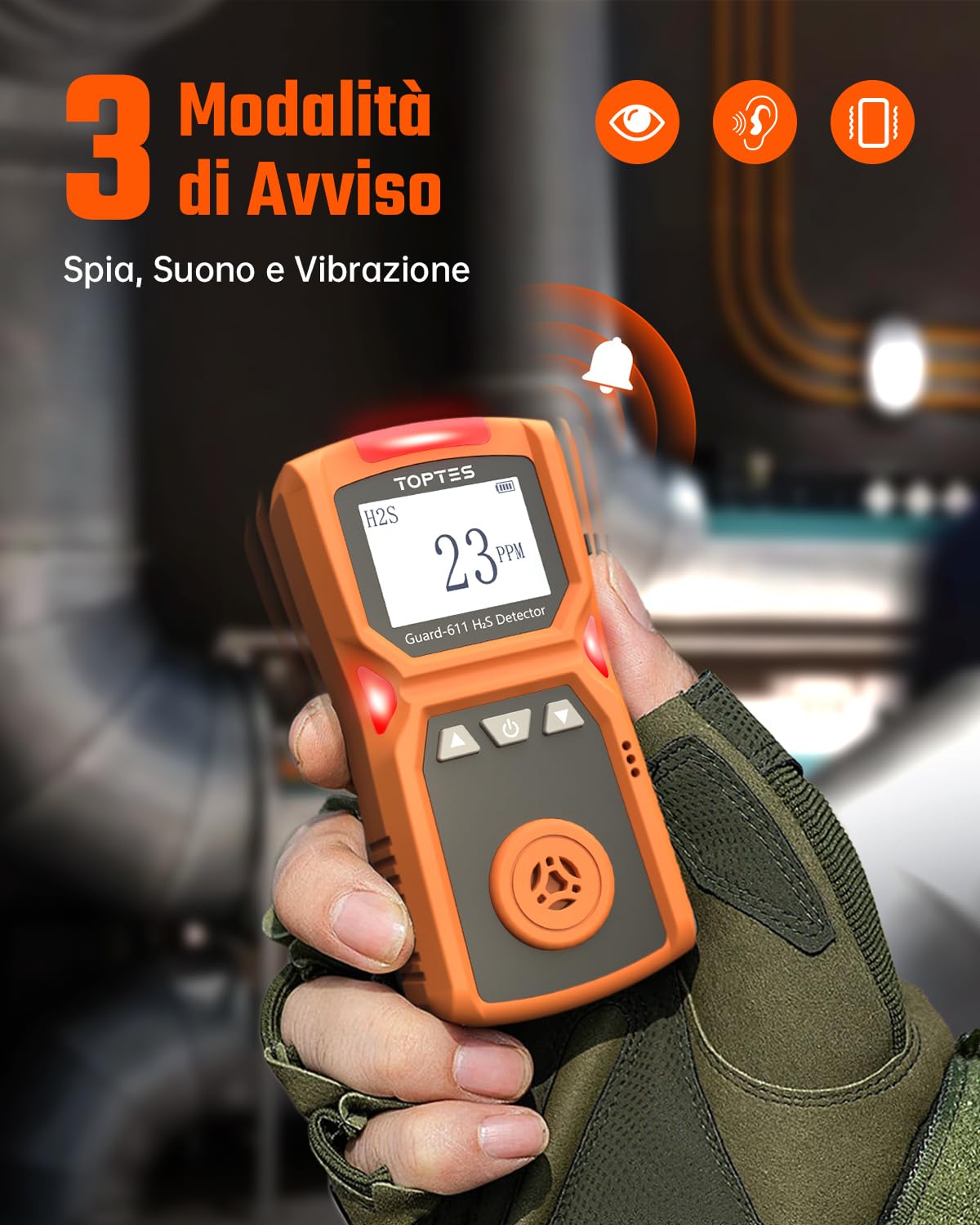 TOPTES Guard-611 Monitor H2S, Rilevatore di H2S con batteria ricaricabile e autonomia fino a 5 giorni, avviso batteria scarica, design sicuro e antideflagrante, 0-100PPM-Arancione