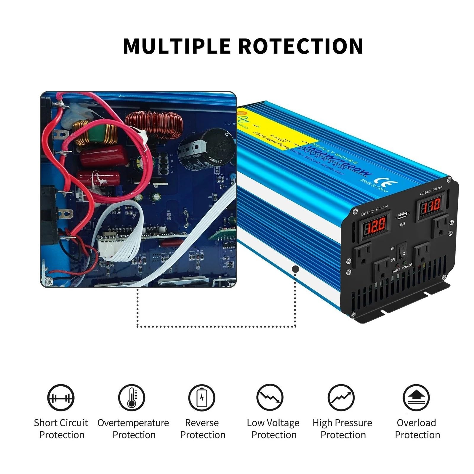 Convertidor Inversor Transformador Inversor Onda Sinusoidal Pura 3500/7000W 4000/8000W 50 Hz/60Hz CC 12 V/24 V A CA 110 V/220 V Control Remoto LED Convertidor Múltiples Enchufes.(7000W 12V 60hz UN)