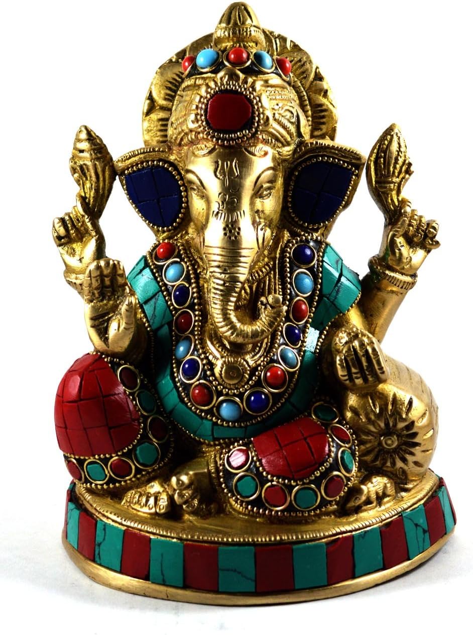 Craftuno Brass Lord Ganesha Statue Embedded With Semi Precious Stone