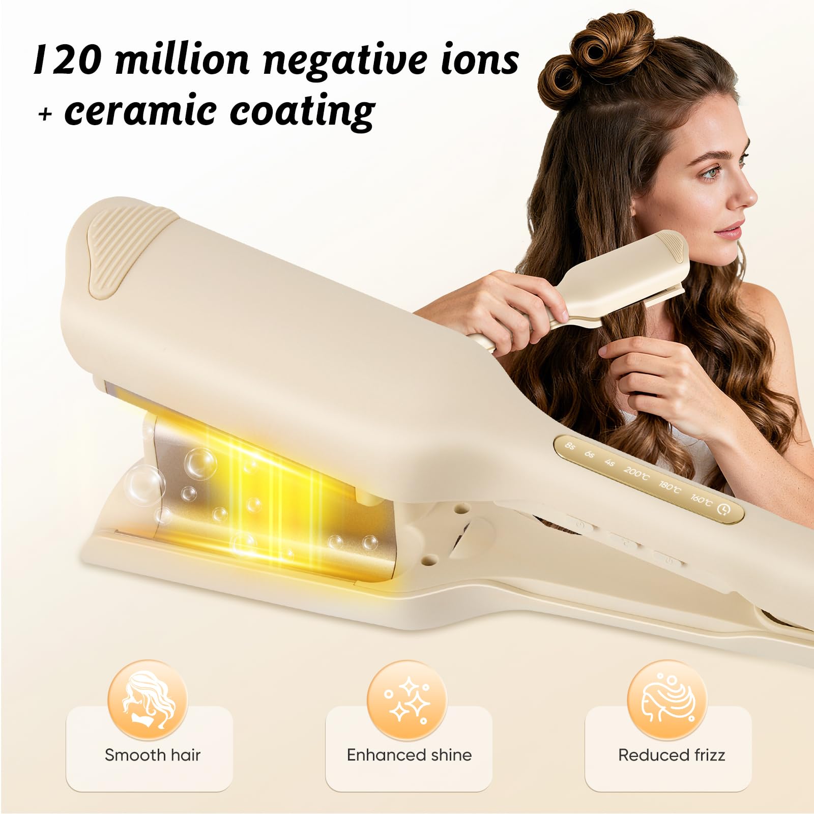 Plancha onduladora para el cabello con grandes ondas de 32 mm, 3 temperaturas ajustables, calentamiento rápido, pantalla LCD, protección contra el calor, temporizador integrado y apagado automático