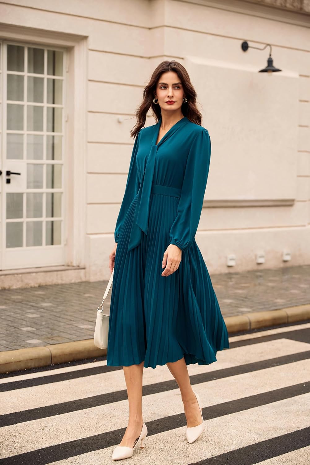 GRACE KARIN Womens 2025 Fall Long Sleeve Dress, Casual V Neck Pleated A Line Flowy Midi Dresses - Image 2
