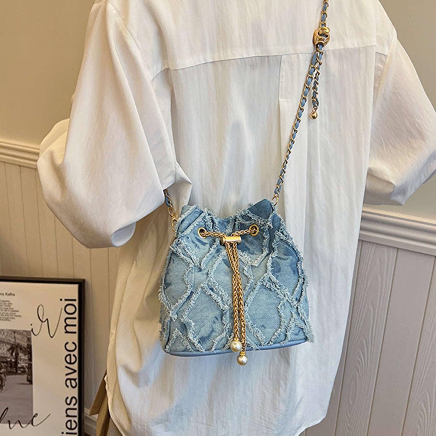 Jean Purses for Women, Distressed Jean Denim Bucket Bags Quilted Crossbody, Small Shoulder Bag Drawstring Handbag