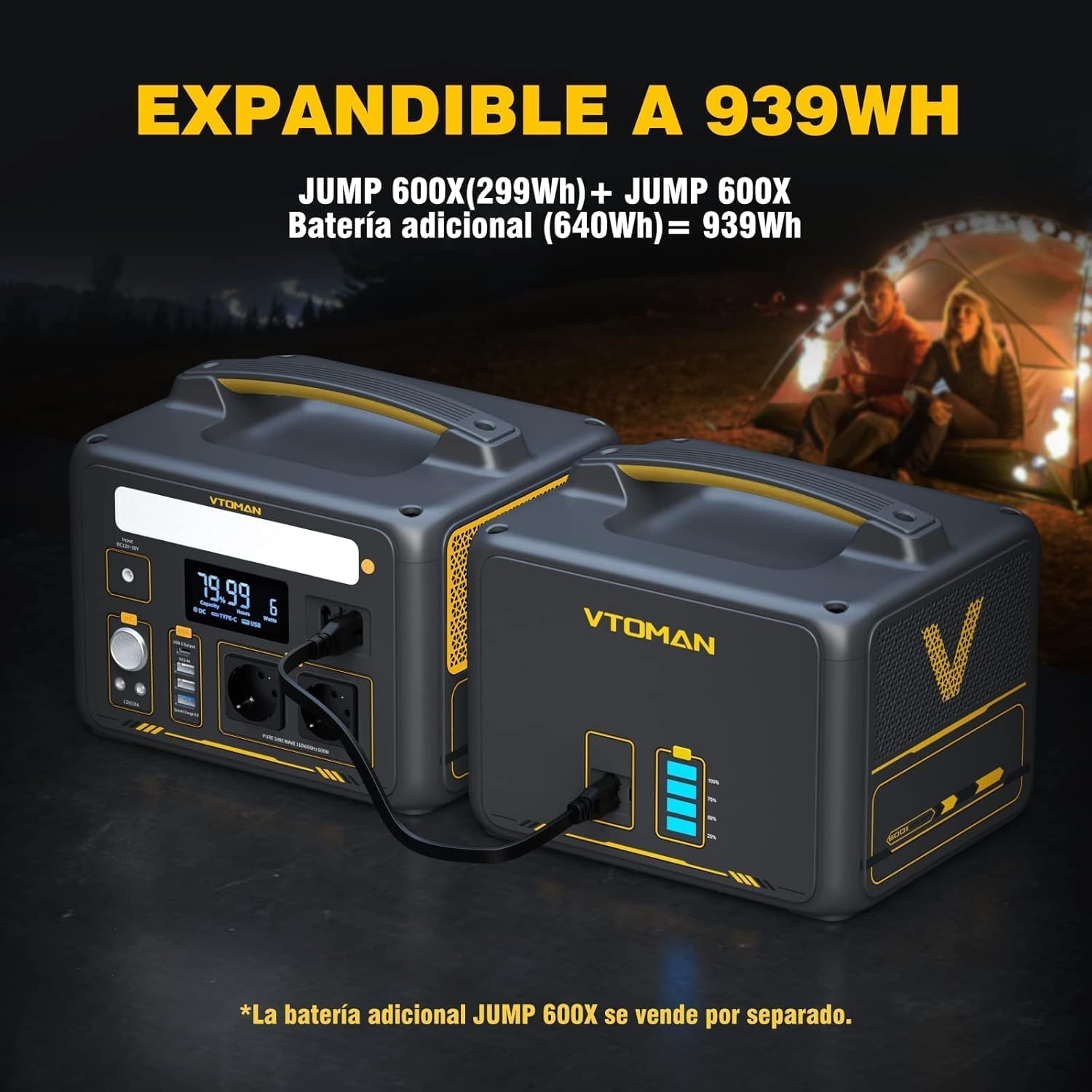 VTOMAN Jump 600X 299Wh Generador Solar, 600W Salida de CA para Apagones | LiFePO4 Batería, Arranque de Coche, Potencia Pico 1200W, LED Linterna, Capacidad Ampliable a 939Wh, Acampadas, Jardín y RV