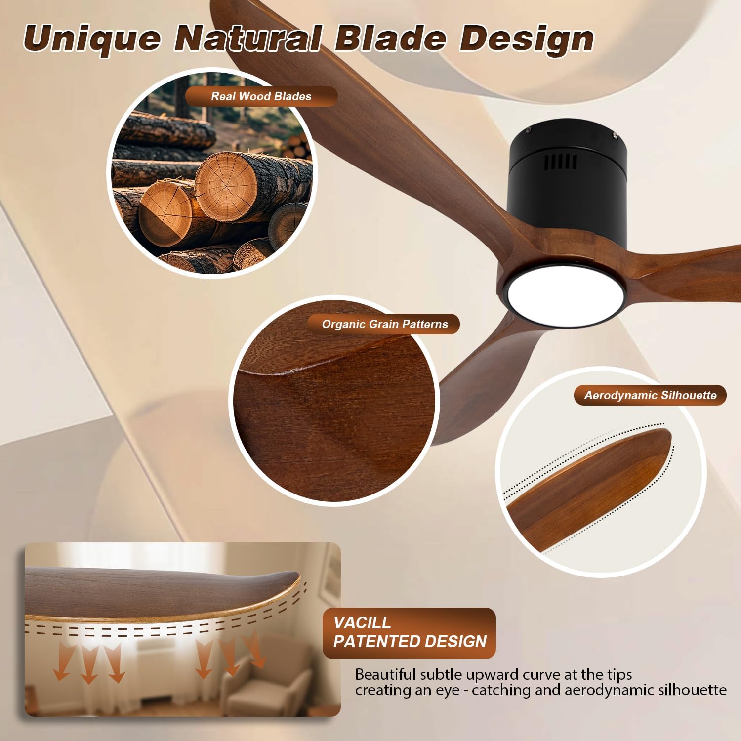 VACILL Wood Flush Mount Ceiling Fan with Light and Remote, 52 inch Low Profile Wooden Fan with 3 Blades, 6 Speed, LED Dimmable, Reversible DC Motor (Dark Brown, Wood)