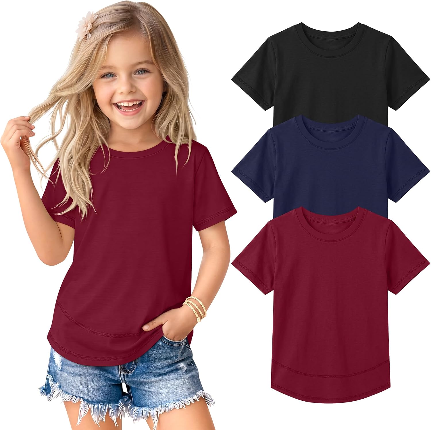 3 Pack Toddler Girls' Short Sleeve T Shirts Crew Neck Curved Hem Tunic Top for Baby Girls Loose Fit Summer Basic Tee