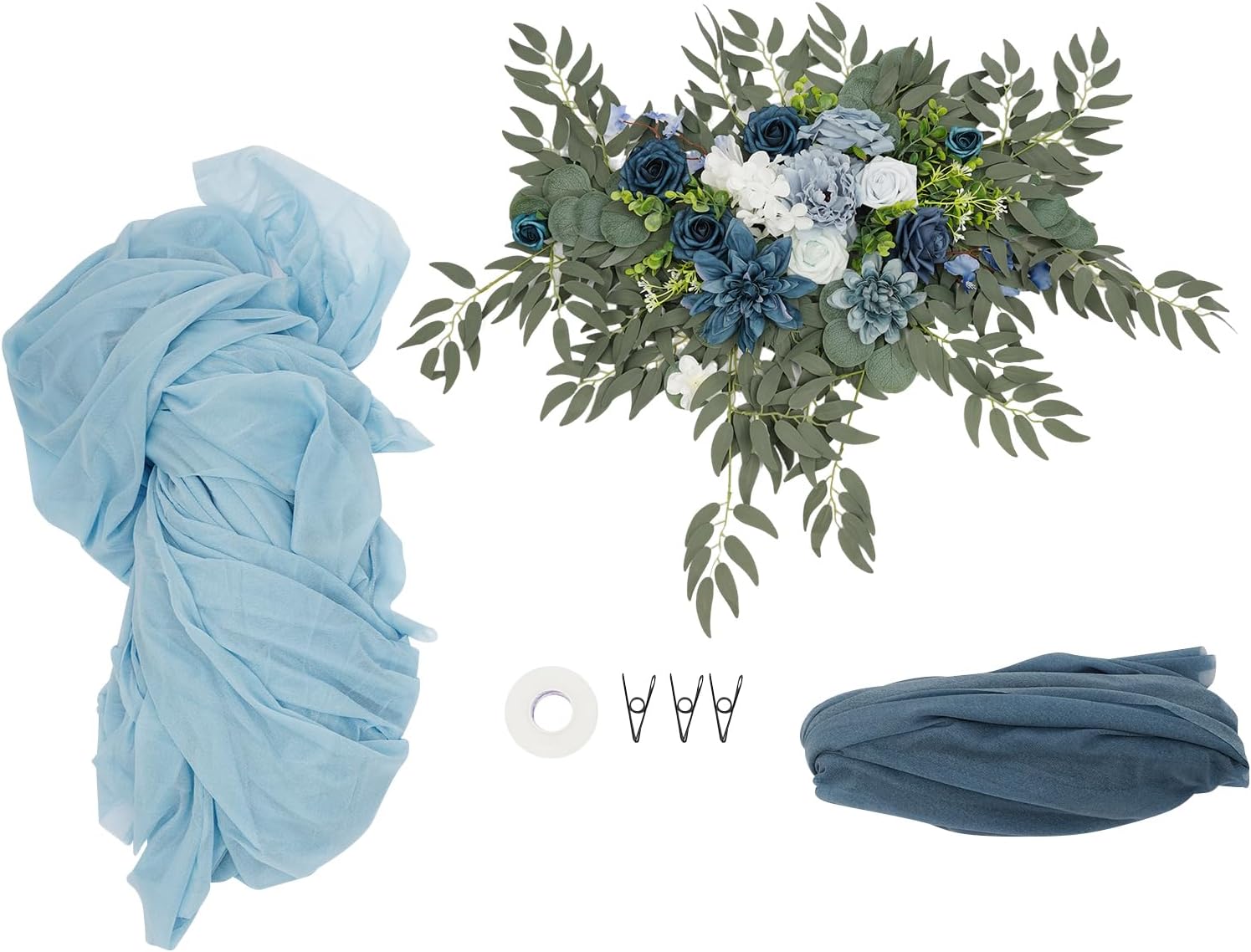 Artificial Flower Decoration, Tabletop Artificial Flower with Tablecloth and Table Runner, Floral Arrangement for Wedding Table Photography Backgrounds and Hotel Banquet Halls (Blue)
