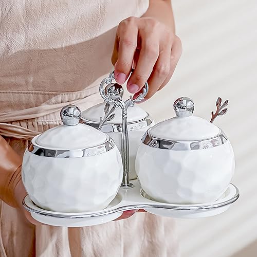 Miniatura 5 de Recipiente de porcelana de golf para condimentos de sal con tapa y cuchara, juego de 3, moderno tarro de condimentos, color blanco y plateado