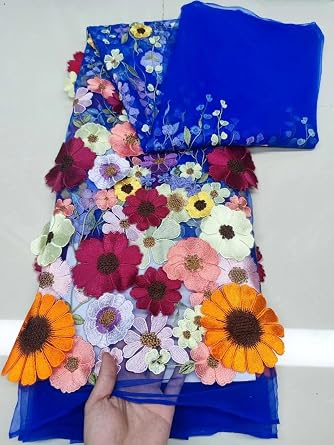 51" Width Heavy Embroidery 3D Flower Applique Tulle Nigerian Lace Fabrics for Bridal Party Wedding Dress Costume Accessories 1Yard,Royal Blue