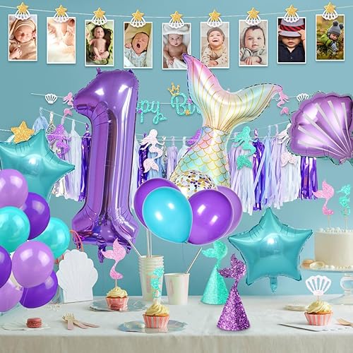 Miniatura 3 de Decoraciones de cumpleaños de sirena juego de 25 piezas de suministros de fiesta con cola de sirena, concha, estrella, globos de látex y globo del