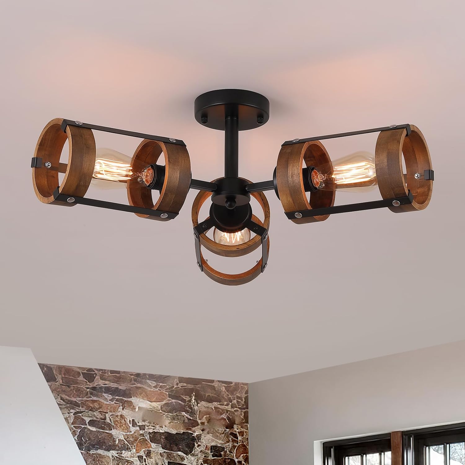 3-Light Large Rustic Farmhouse Wood Flush Mount Ceiling Light Fixture 25.6 inch Oak Wood and Metal Cage Semi Flush Mount Ceiling Light for Entry Hallway Dining Bedroom Living Room Farmhouse, Black