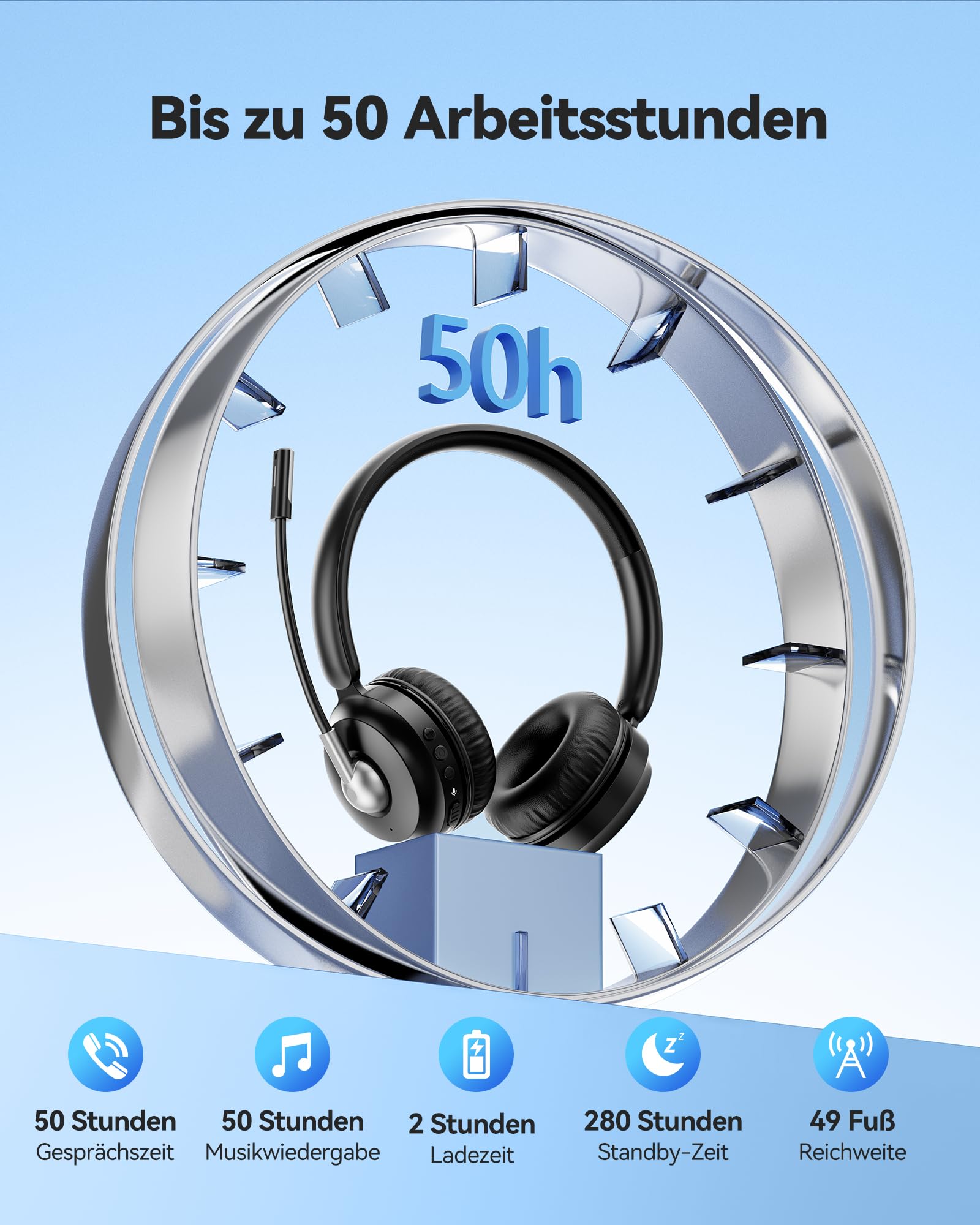 TECKNET V6.0 Bluetooth Headset mit Mikrofon, kabellos Headset mit ENC-Störunterdrückung&EIN-Tasten-Stumm, aufladbare kabellose Kopfhörer mit Ohrumschluss, 50h Akku Büro, Trucker, Callcenter – Schwarz