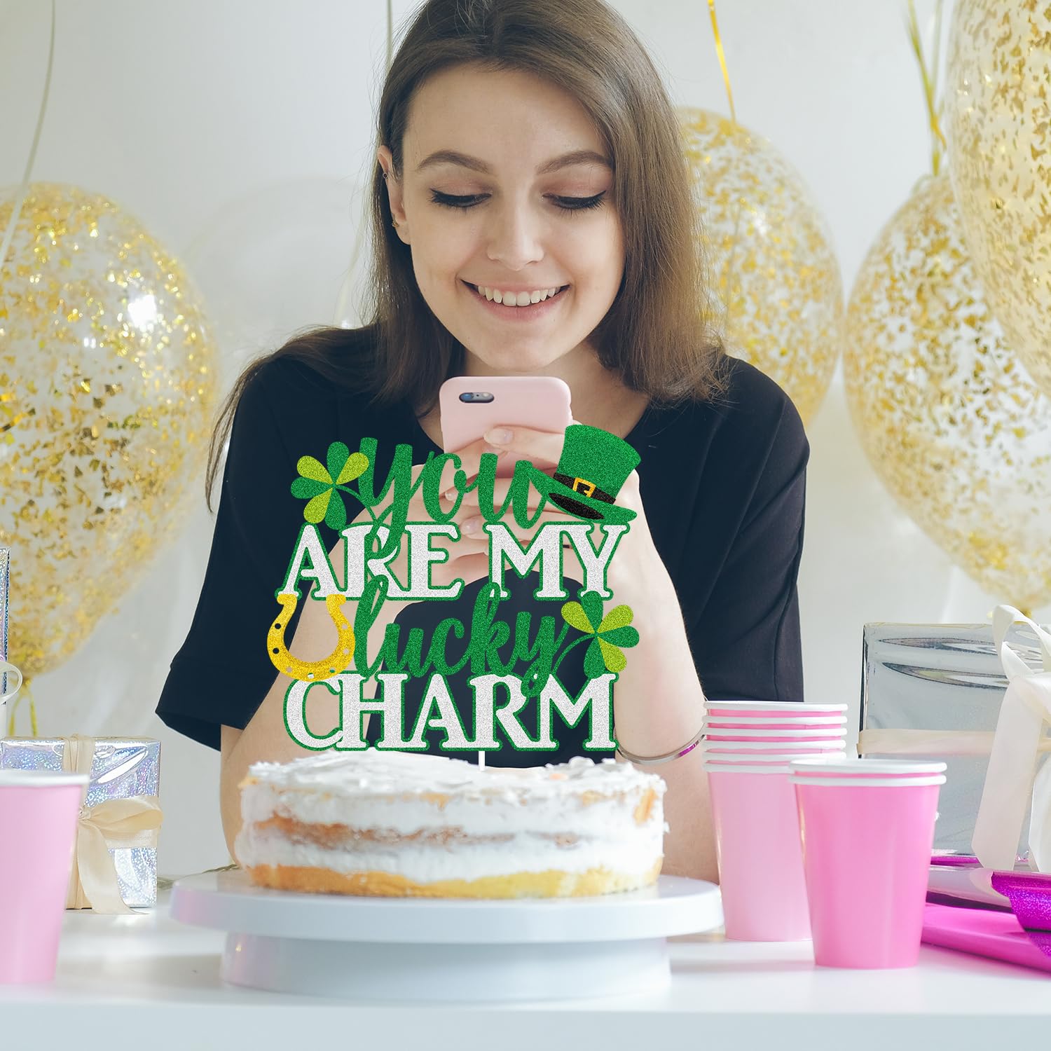 St. Patrick's Day Cake Topper - Green Glitter Shamrock & Lucky Leprechaun Birthday Decor