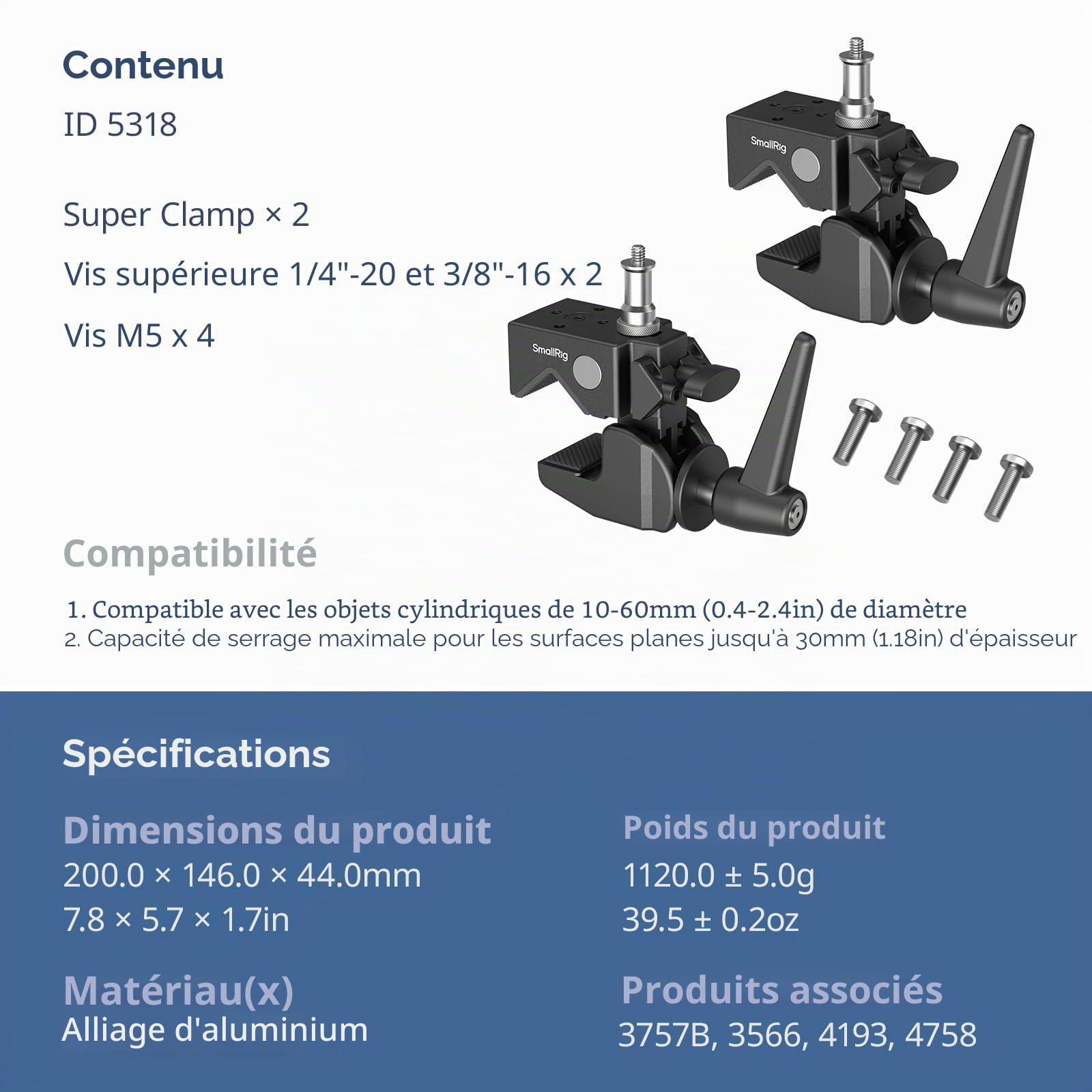 SMALLRIG Kit de pinces haute performance Lot de 2 Charge maximale 15 kg Vis 1/4"-20 et 3/8"-16 Pour studio photo et éclairage vidéo Tubes ronds et surfaces