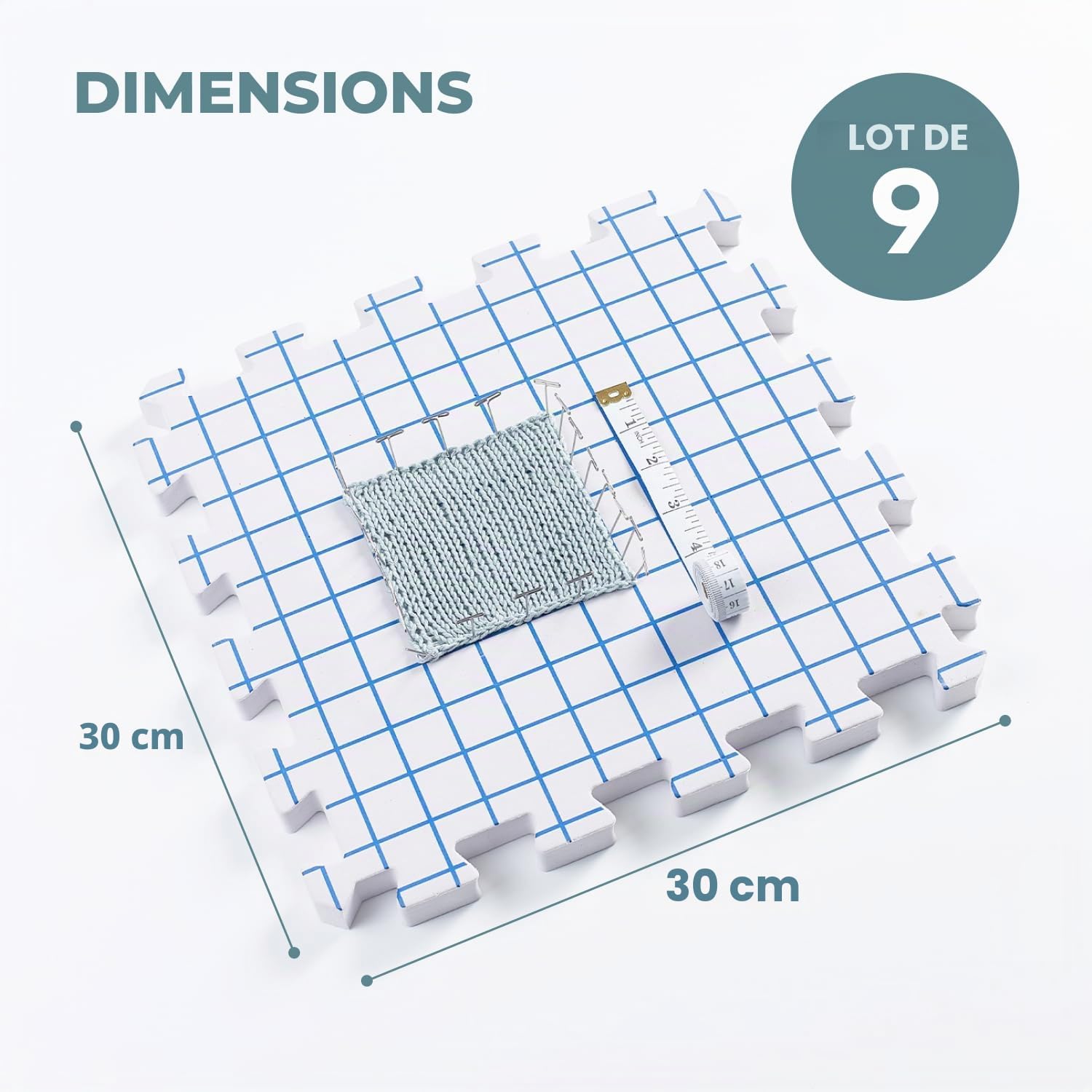 KnitlQ Premium Kit - 9 Tapis de Blocage Tricot de Mousse Extra Épaisse avec Grilles, 150 Épingles en T en Étain Artisanal, Sac Rangement Tricotage – Design Naturel