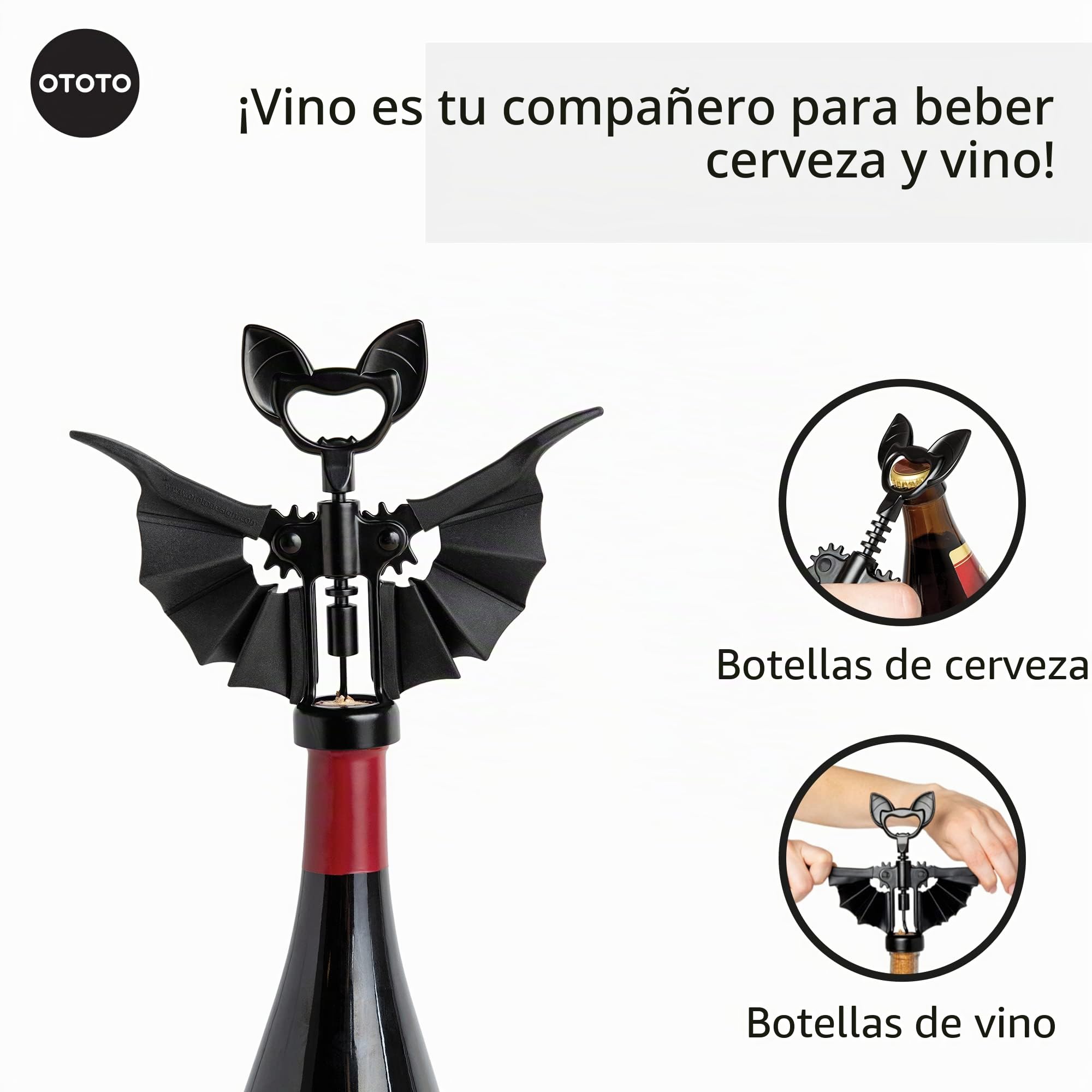 OTOTO Vino Spooky Bat Abridor de vino y cerveza 2 en 1, sacacorchos y abridor de botellas