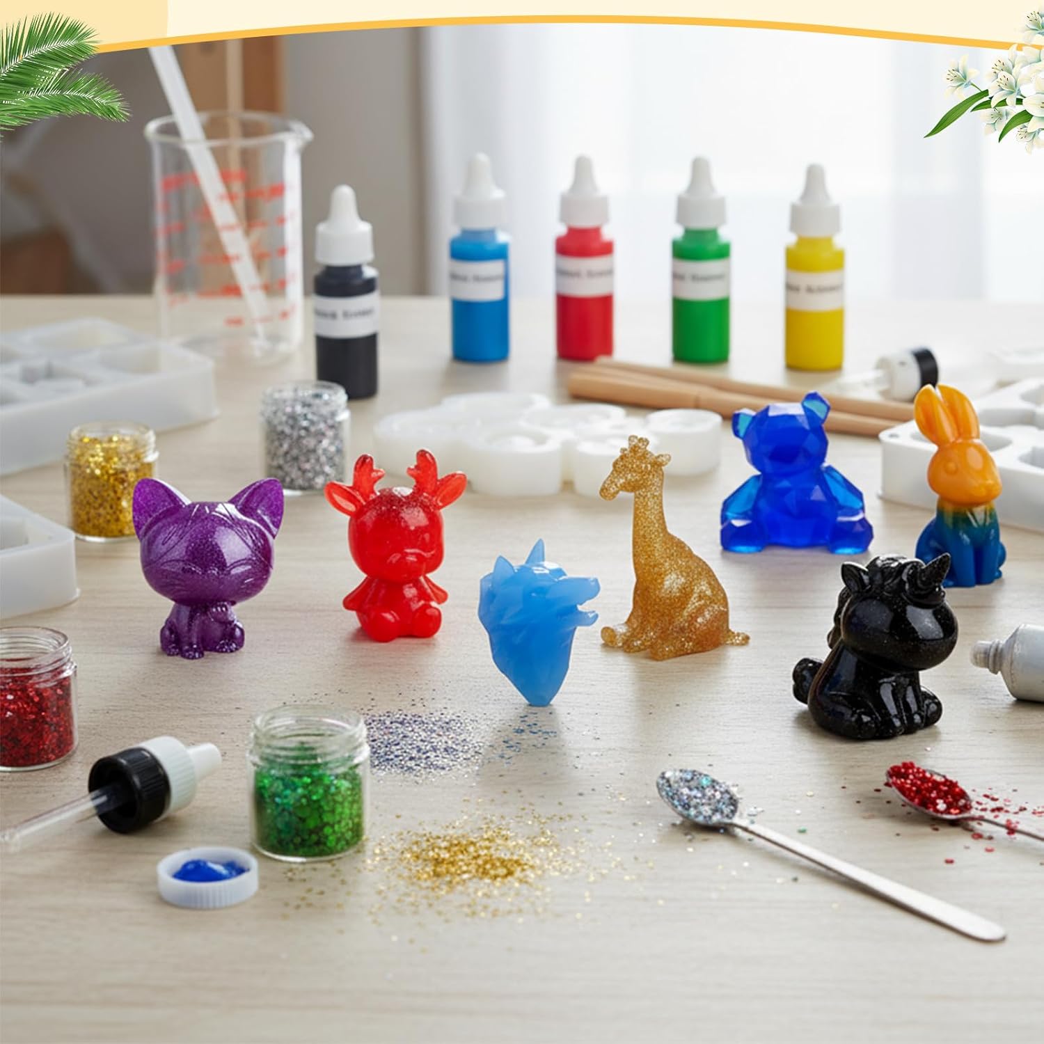 LemonRoad 28 Pcs 3D Animal Resin Molds Set Includes 10 Silicone Resin Animal Molds with Glitter Powder, Measuring Cups, Droppers and Mixing Sticks for DIY Art Craft Gift