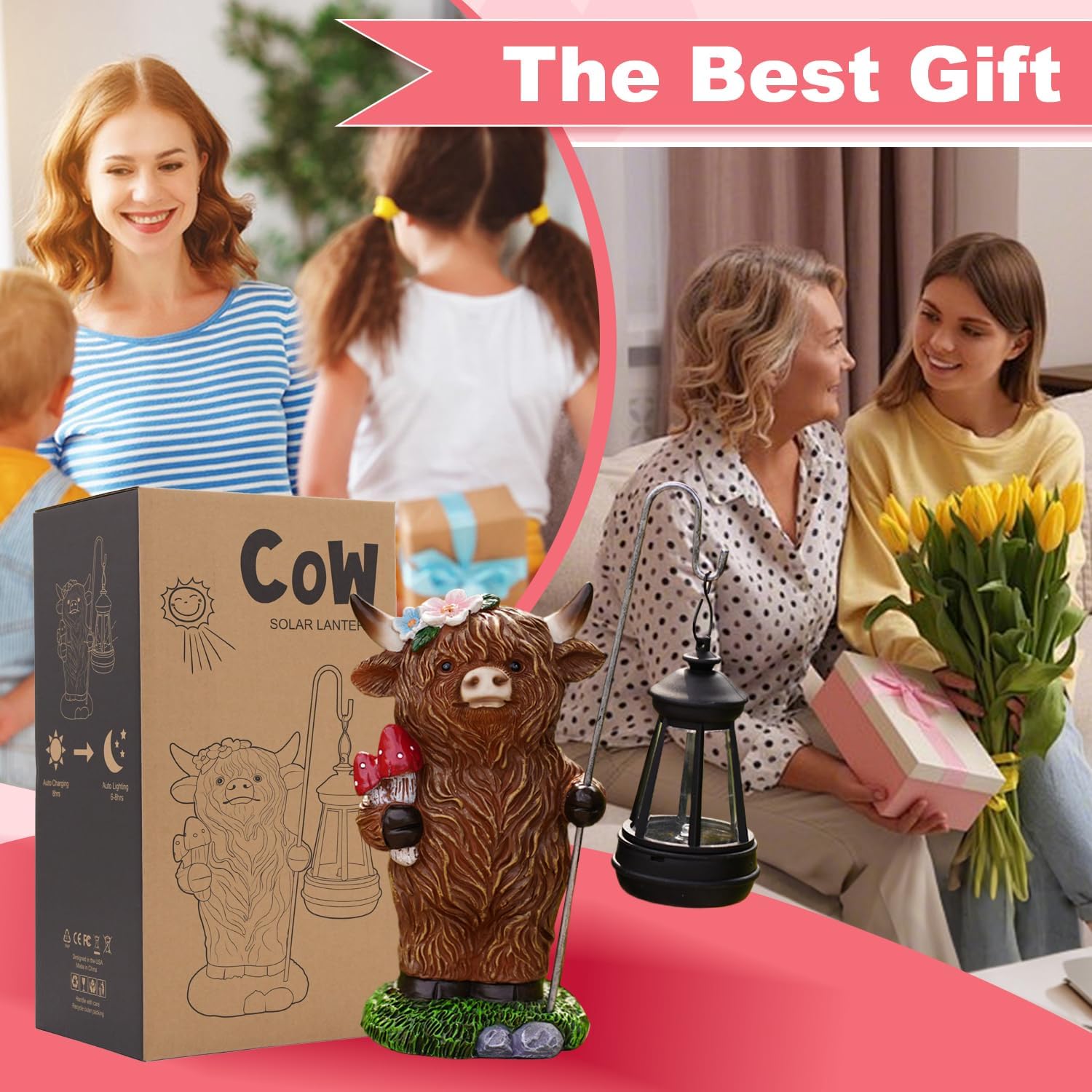 Solar Highland Cow Garden Decor - Outdoor Figurines Decorations for Patio Yard Lawn Ornaments Gifts for Birthday Mom Grandma
