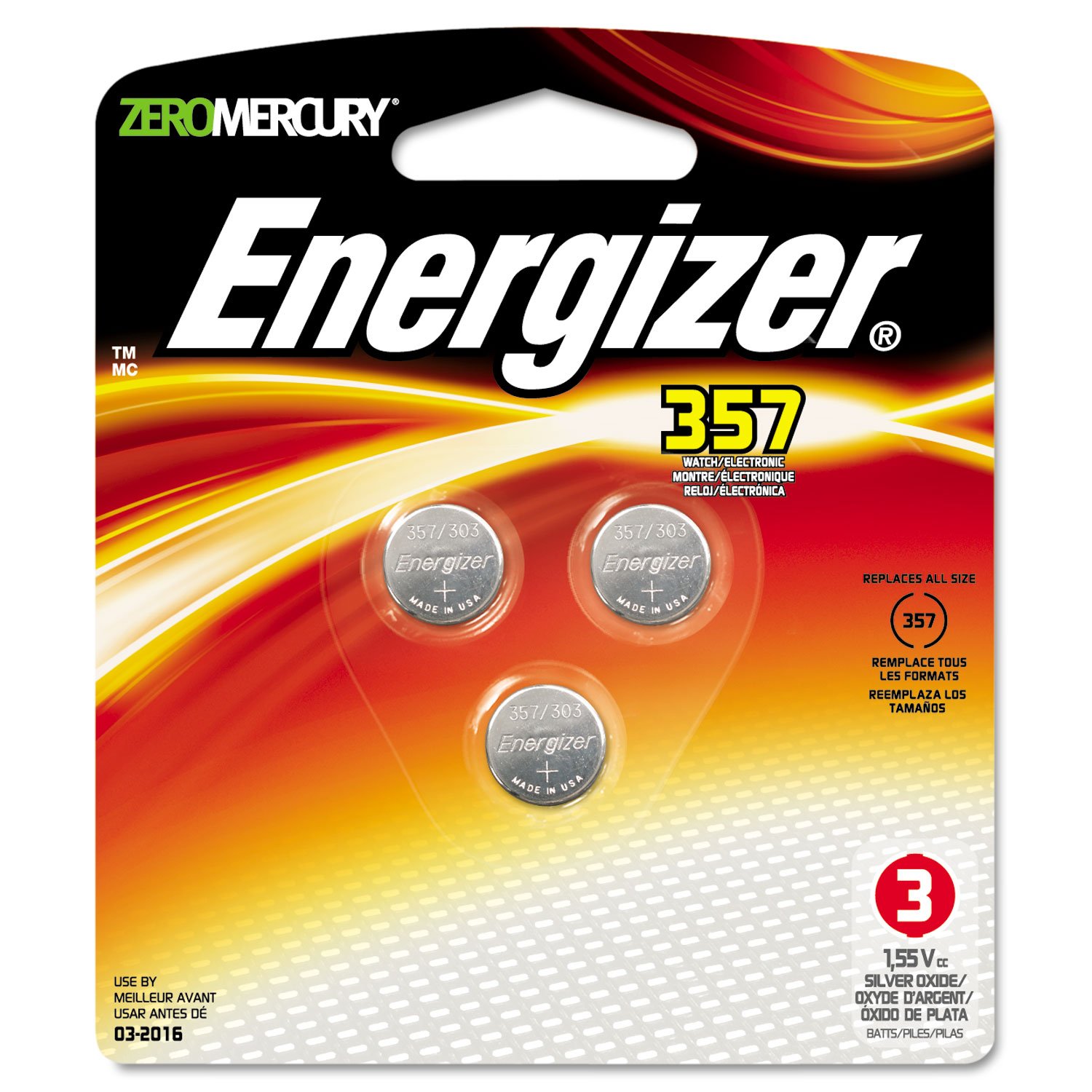 Energizer357BPZ3 Batteries, f/Watch/Calculator, 1.5 Volt, 3/PK, Red/Black