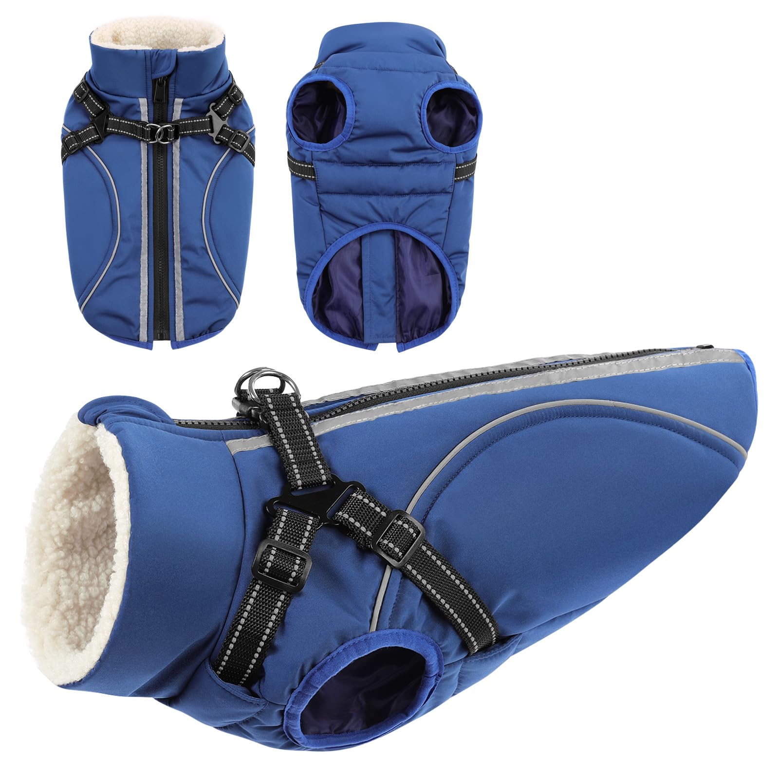 Manteau imperméable pour chien CITÉTOILE bleu L avec harnais intégré et doublure polaire chaude