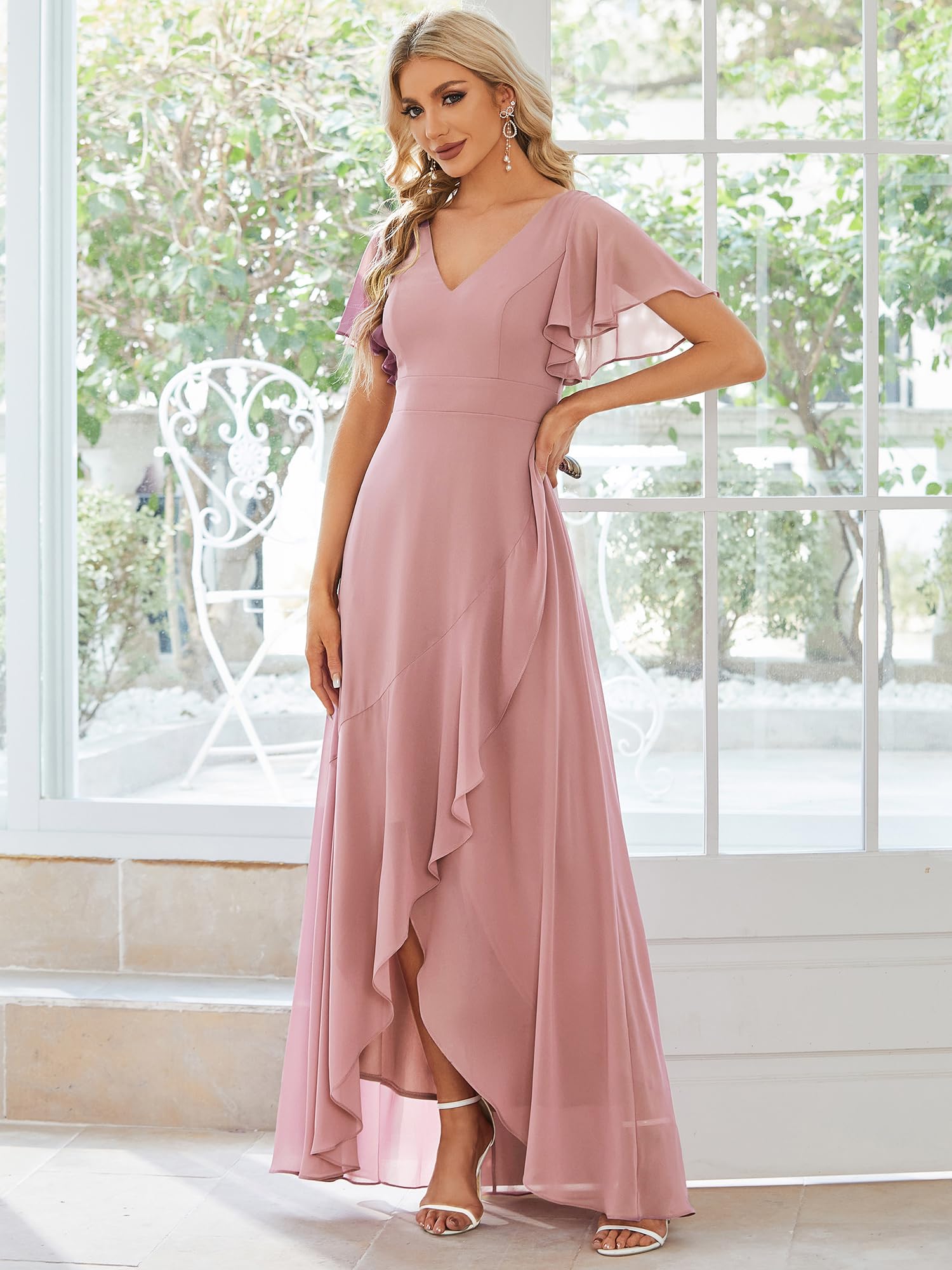 Ever-Pretty Vestido de Fiesta Escote en V Manga Volantes A-línea sin Respaldo Alto Bajo Largo sin Elasticidad para Mujer Elegantes 01749