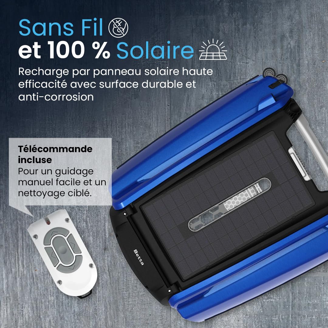 Betta SE Robot Nettoyeur Skimmer Solaire de Surface Piscine, Autonomie 30h, Moteurs Résistants Sel/Chlore, Anti-Obstacle Intelligent, Nettoyage Automatique 24/7 - Bleu