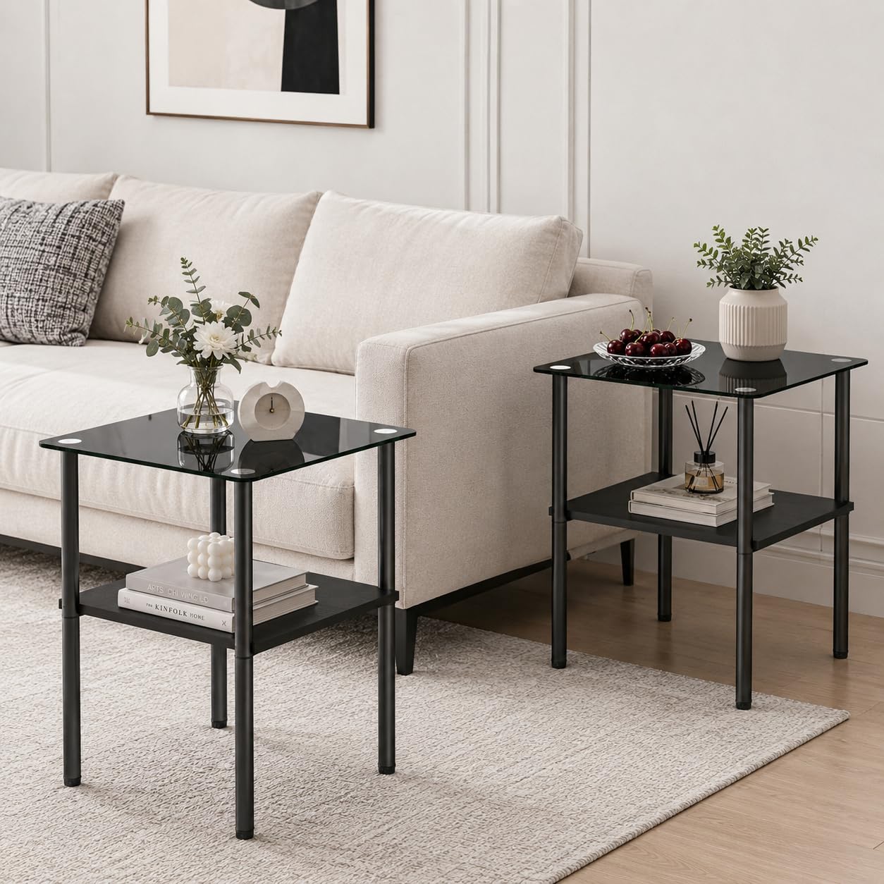 Small Side Table Set of 2, Square Glass End Table with Clear Tempered Glass Top for Small Space, 2-Tier Bedside Table Sofa Couch Table, Nightstands Set of 2 Accent Table for Living Room, Apartment