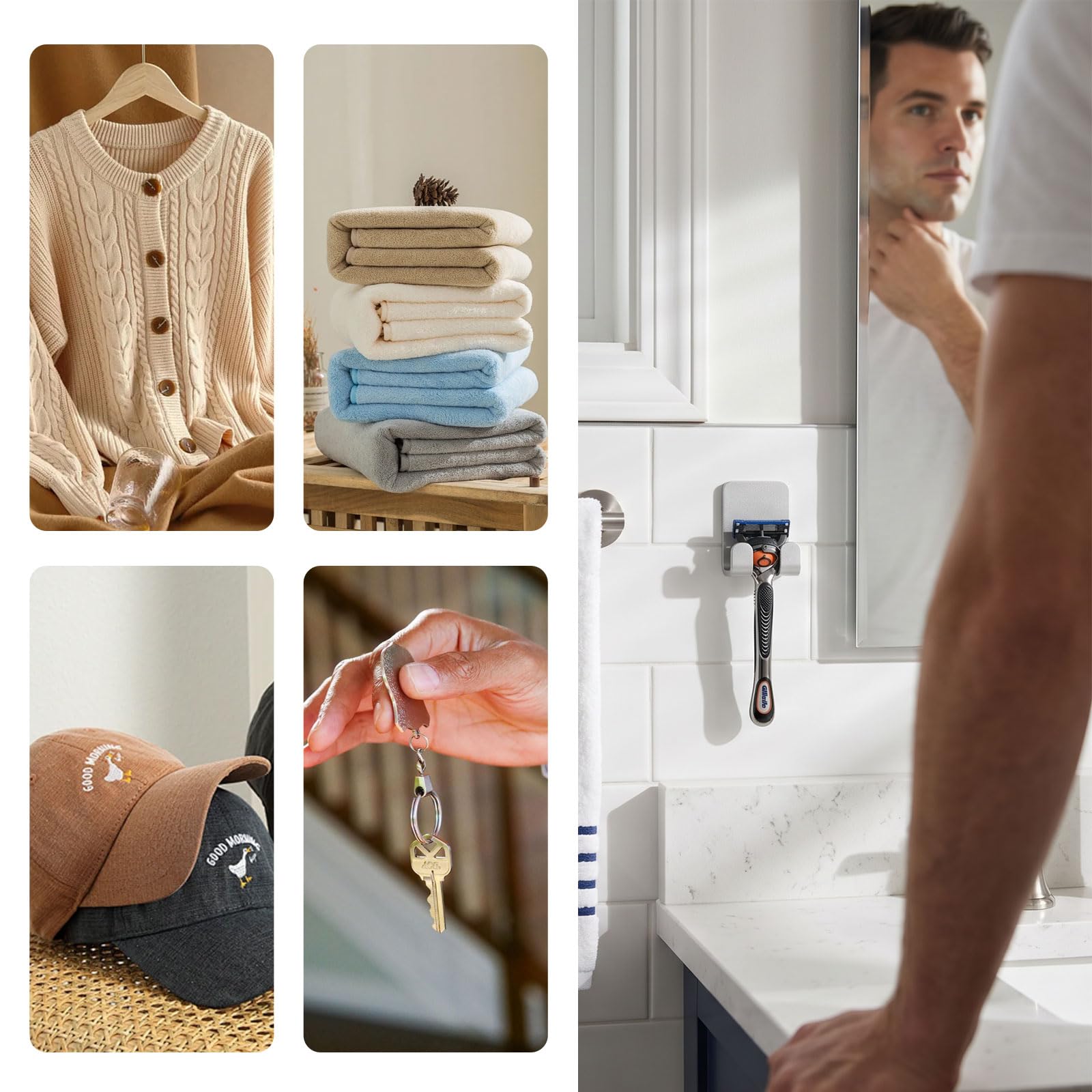 Supporto per rasoio da doccia, supporto per rasoio, supporto per doccia, supporto per rasoio, autoadesivo, senza foratura, presa forte, in alluminio, set da 4 pezzi, per bagno e cucina