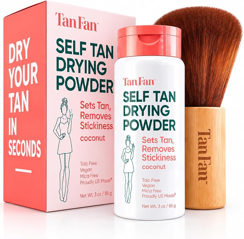 Tan Fan Kit de pó para autobronzeador com pincel corporal de bambu, fragrância de coco, 85 g
