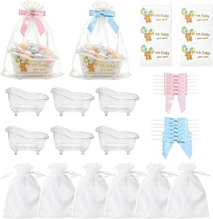 6 Pcs Mini Bathtub, Bulk Baby Shower Favors for Guests | Gender Reveal Party Favors with Organza Bags Pink Blue Bows DIY Stickers, clear mini tub Candy Cosmetics Jewelry Organizer