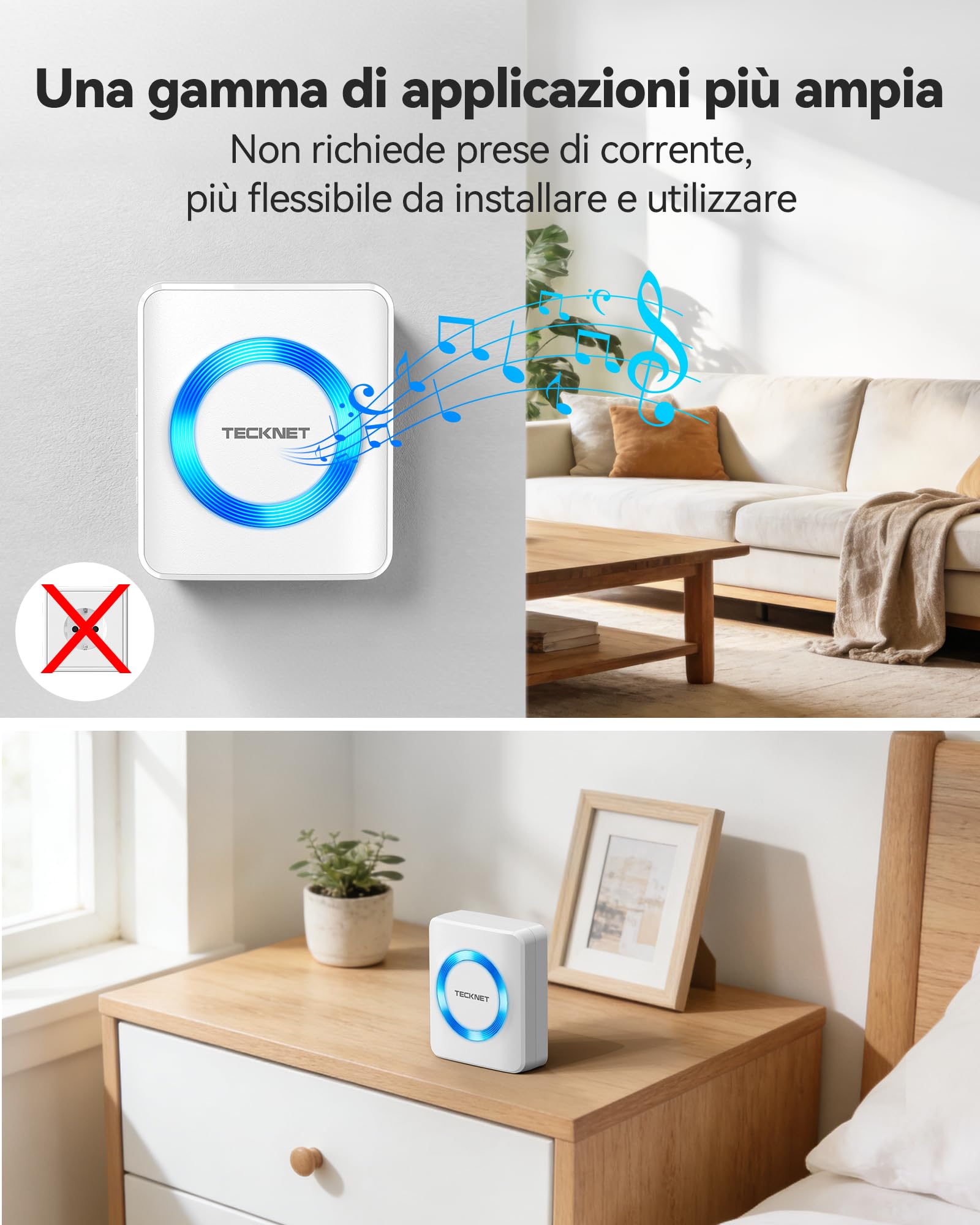 TECKNET Campanello radio alimentato a batteria, mini campanello wireless 400 m, IP65 per esterni, impermeabile, 5 livelli di volume, campanello e 60 melodie con indicatore LED