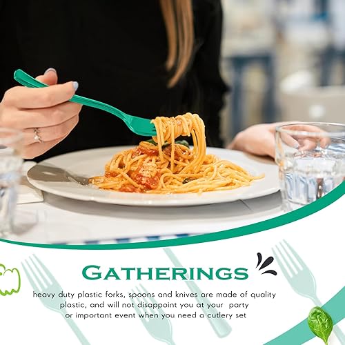 Miniatura 51 de Roshtia 100 tenedores de plástico de colores pesados, desechables, de 7.3 pulgadas, utensilios de plástico resistentes para fiestas temáticas