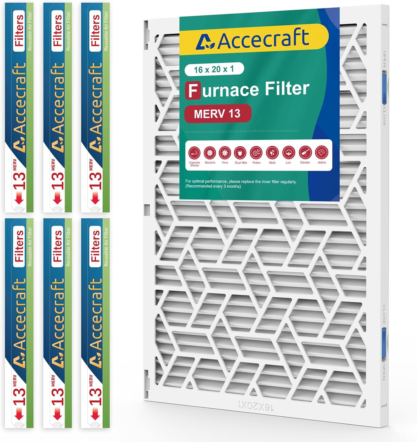 16x20x1 Air Filter MERV 13, Advanced Dust Defense,Cost-effective,1 Reusable ABS Frame + 6 Pack Replaceable, Quality Furnace Filter Media for AC & Furnace Applications?1 Frame+6 Filter? MERV 13 16" x 20" x 1"