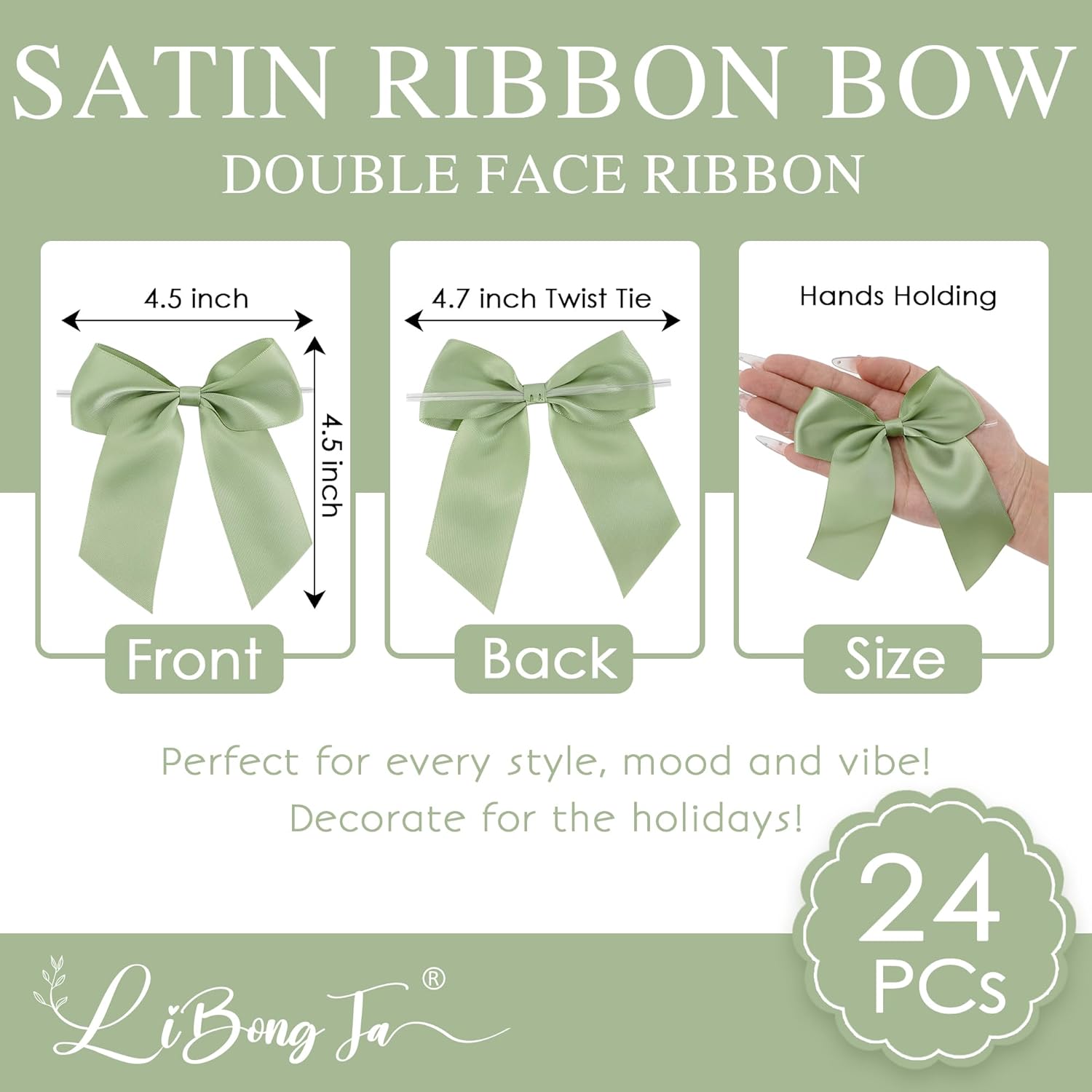 4.5" Satin Ribbon Sage Green Bows for Gift Wrapping, Twist Tie Bows, Cute Bows for Crafts, Party Favors, Premade Bows Pre-Tied Decorative Bows for Flower Bouquets Candy Apple Bows-24 Counts - Image 2