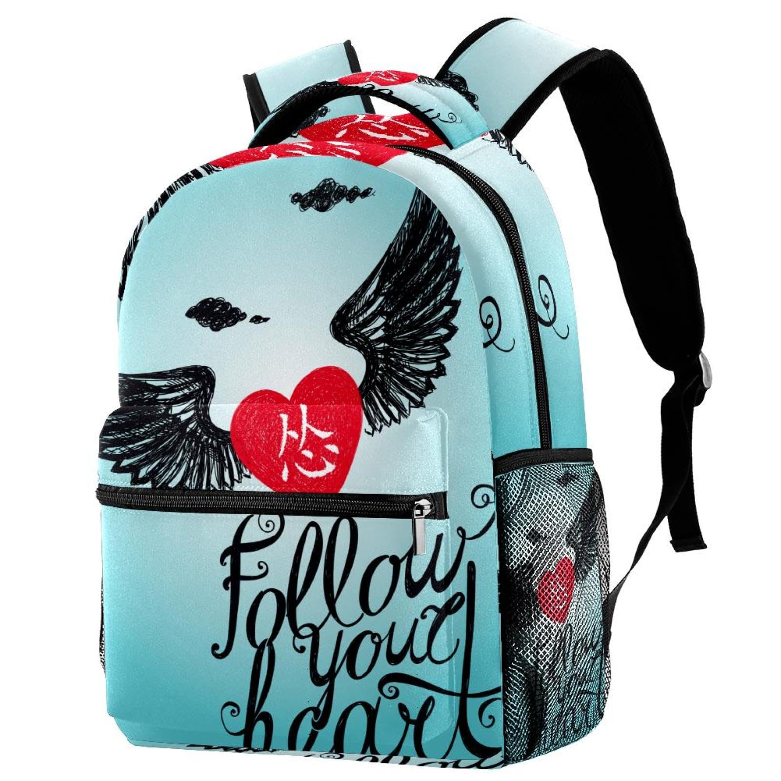 Zaino per bambini con scritta in lingua inglese "Lettering Wing Heart", zaino scolastico, impermeabile, casual, per libri, computer portatile, per uomo e donna