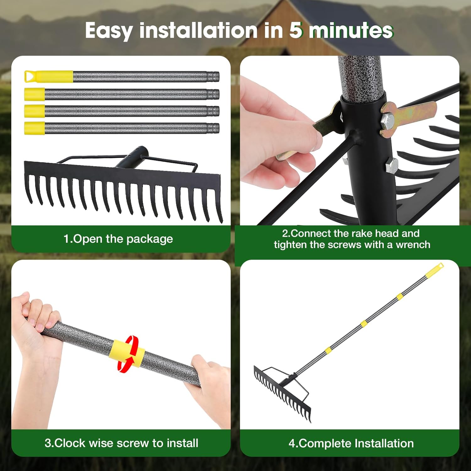 Heavy Duty Bow Rake 17 Tines Metal Garden Rake with Adjustable Handle for Leaves, Lawn, Soil, Sod - 35"-67" Metal Handle (Black)