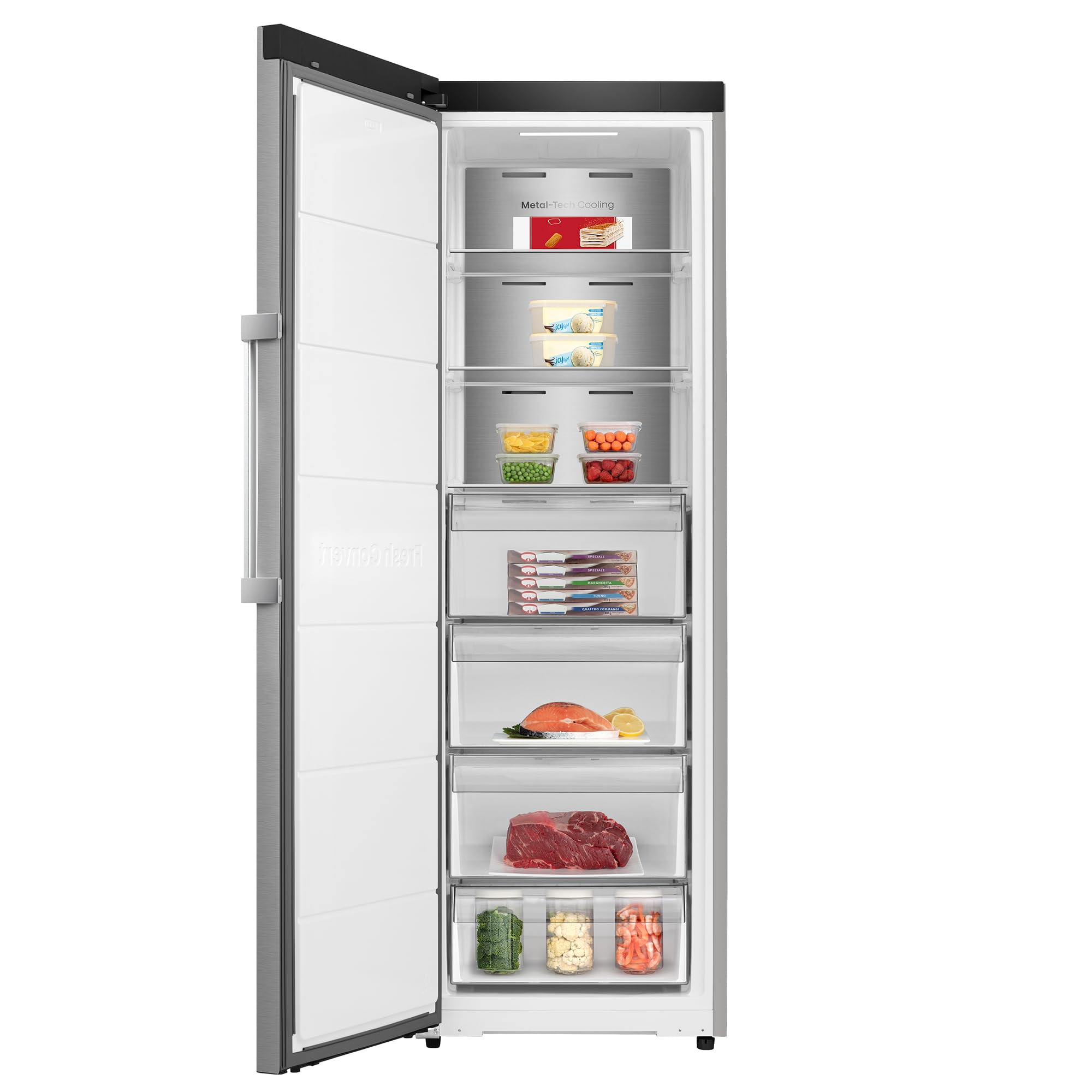 Hisense FT3K310SAIE1 - Congelador Una Puerta Total No Frost Kitchen Fit, 312L, 186cm, Ventilación Inferior, Apertura de Puerta 90º, Metal-Tech Cooling, Tirador de Apertura Fácil, WiFi, Inox