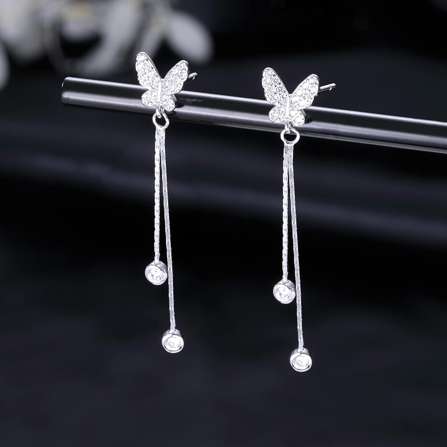 SLUYNZ Sterling Silver CZ Butterfly Earrings for Women Teens Butterfly Long Drop Dangle Earrings - Image 4