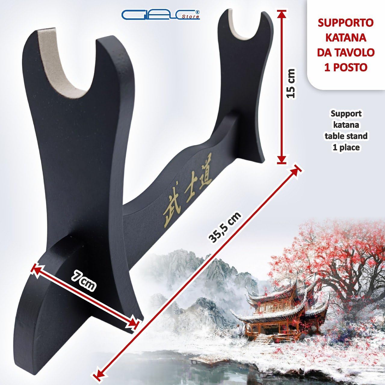 Supporto Da Tavolo Per Katana In Legno Con Velluto Grigio - Piedistallo Per Spade Samurai