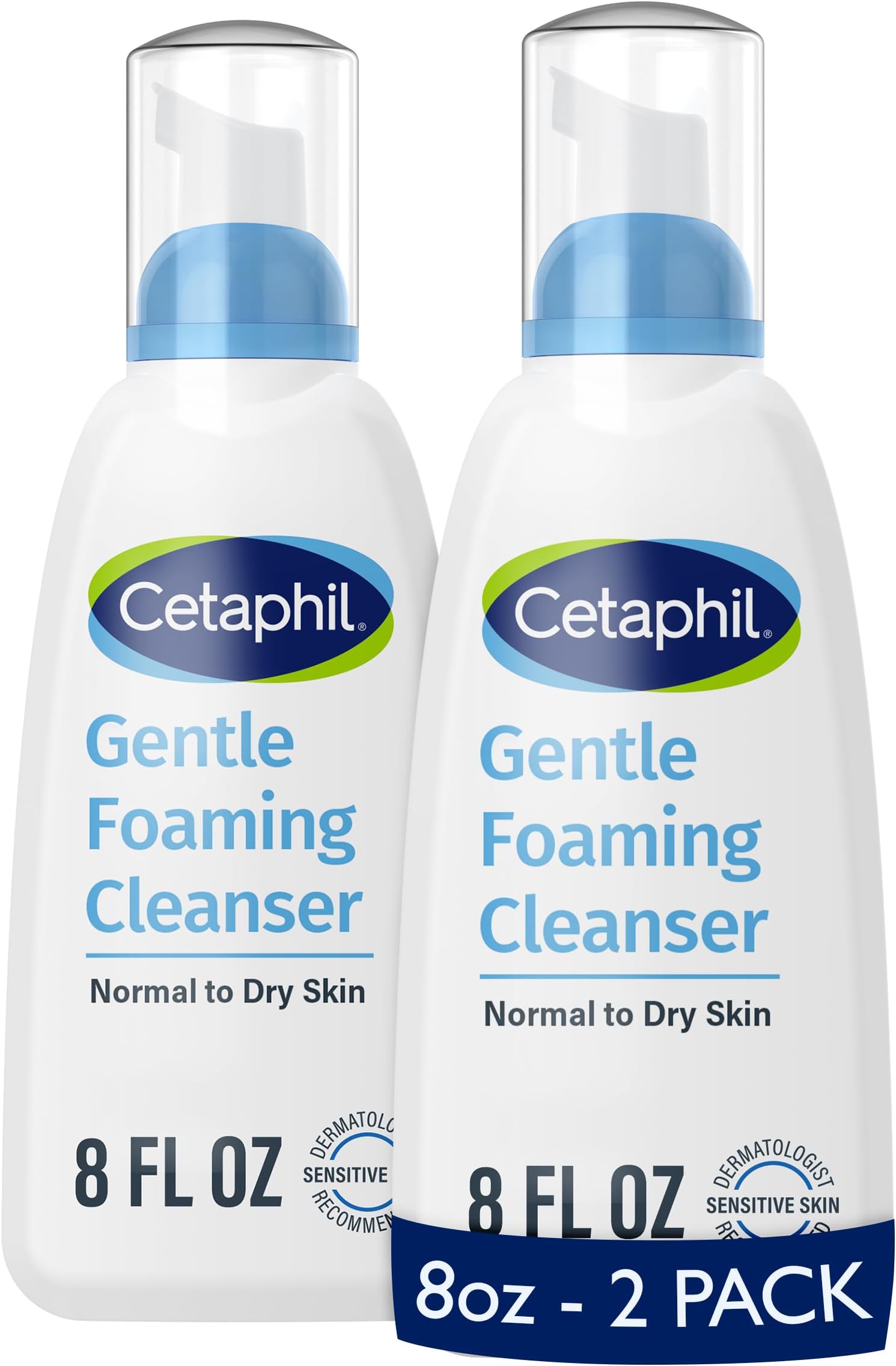 Oil Free Gentle Foaming Cleanser For Dry to Normal, Sensitive Skin, 8oz Pack of 2, Made with Glycerin and Vitamins B5 and E, Dermatologist Tested, Hypoallergenic, Soap Free, Fragrance Free