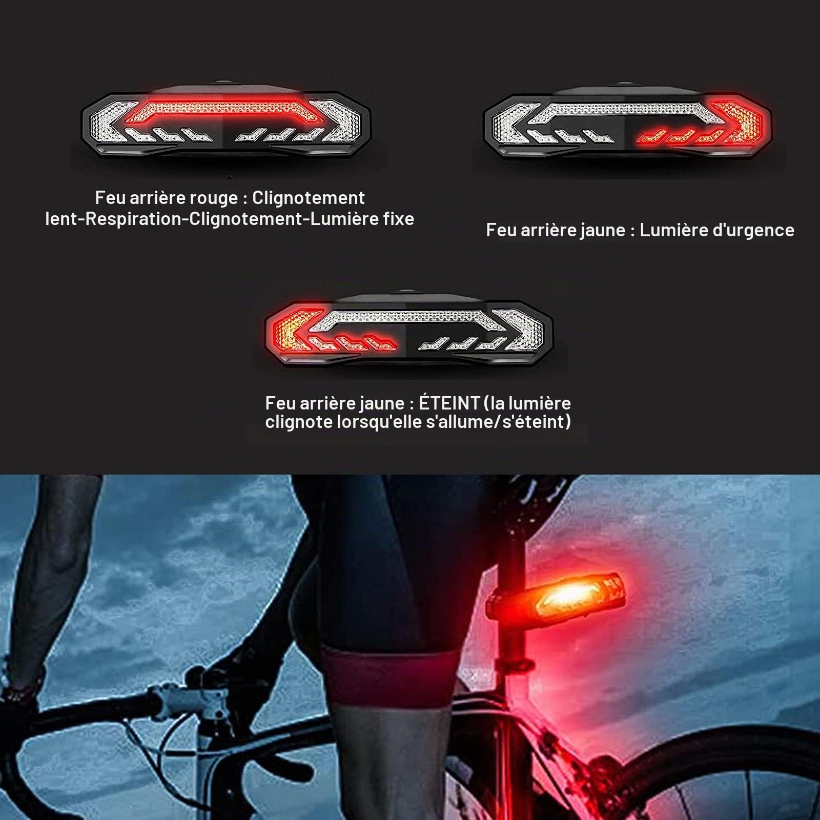 Feu arrière de vélo intelligent, avec clignotants et feu de freinage automatique, alarme de vélo à télécommande sans fil, feu arrière 5 en 1 (avertissement, frein, direction, sonnette électrique)