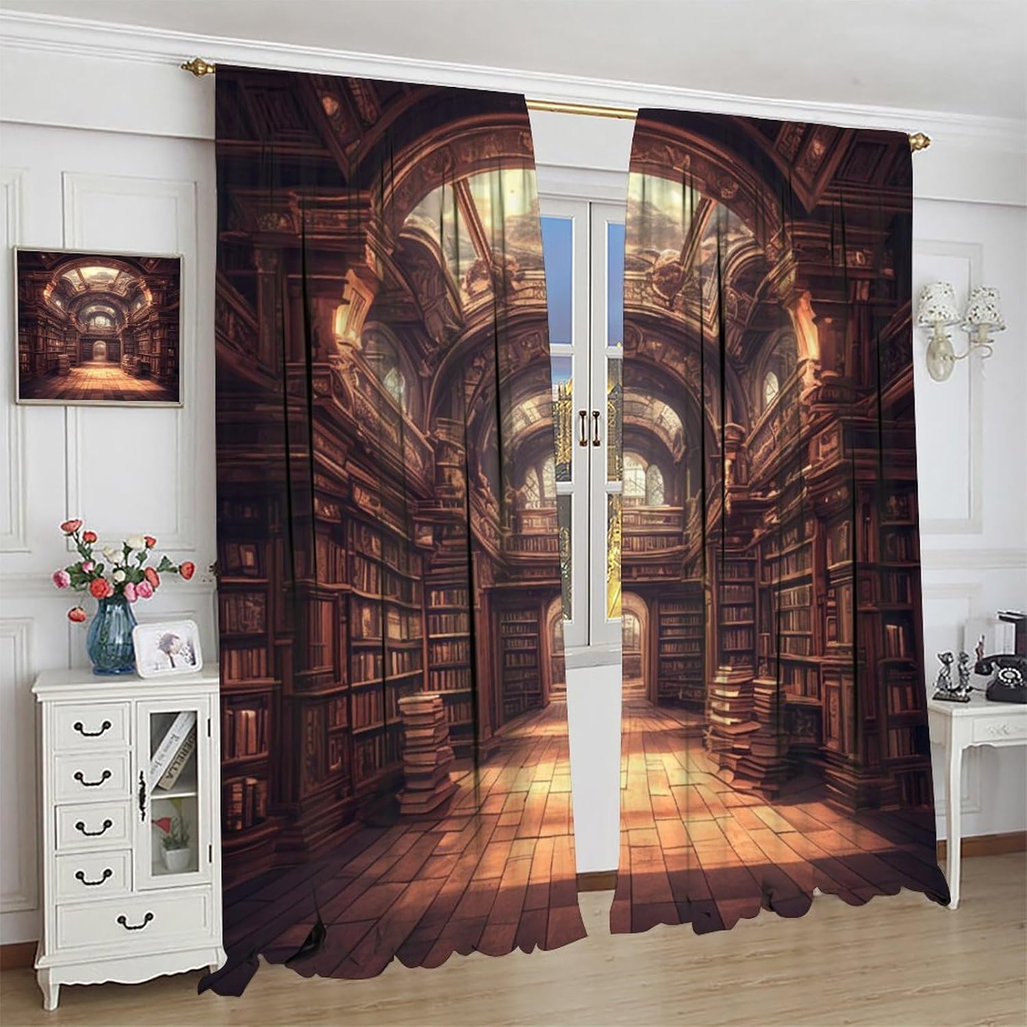 Medieval Bookcase Library Blackout Curtains for Bedroom Living Room, Antique Building Brown Bookshelf Thermal Insulated Room Darkening Curtain - 45" L x 42" W