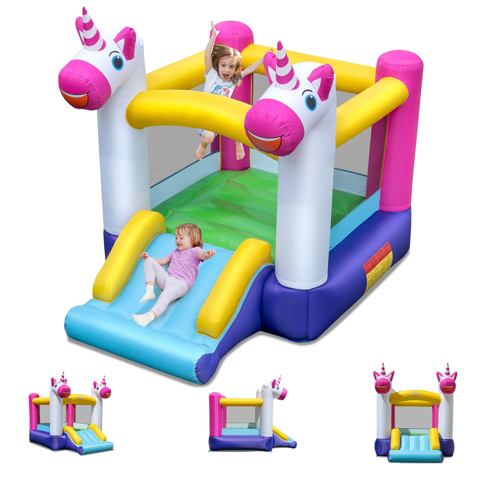 GOPLUS Château Gonflable Licorne avec Zone de Saut & Toboggan, Aire de Jeux Gonflable avec Sac de Transport, sans Ventilateur, 3-12 Ans, Charge 90KG (Unicorn)