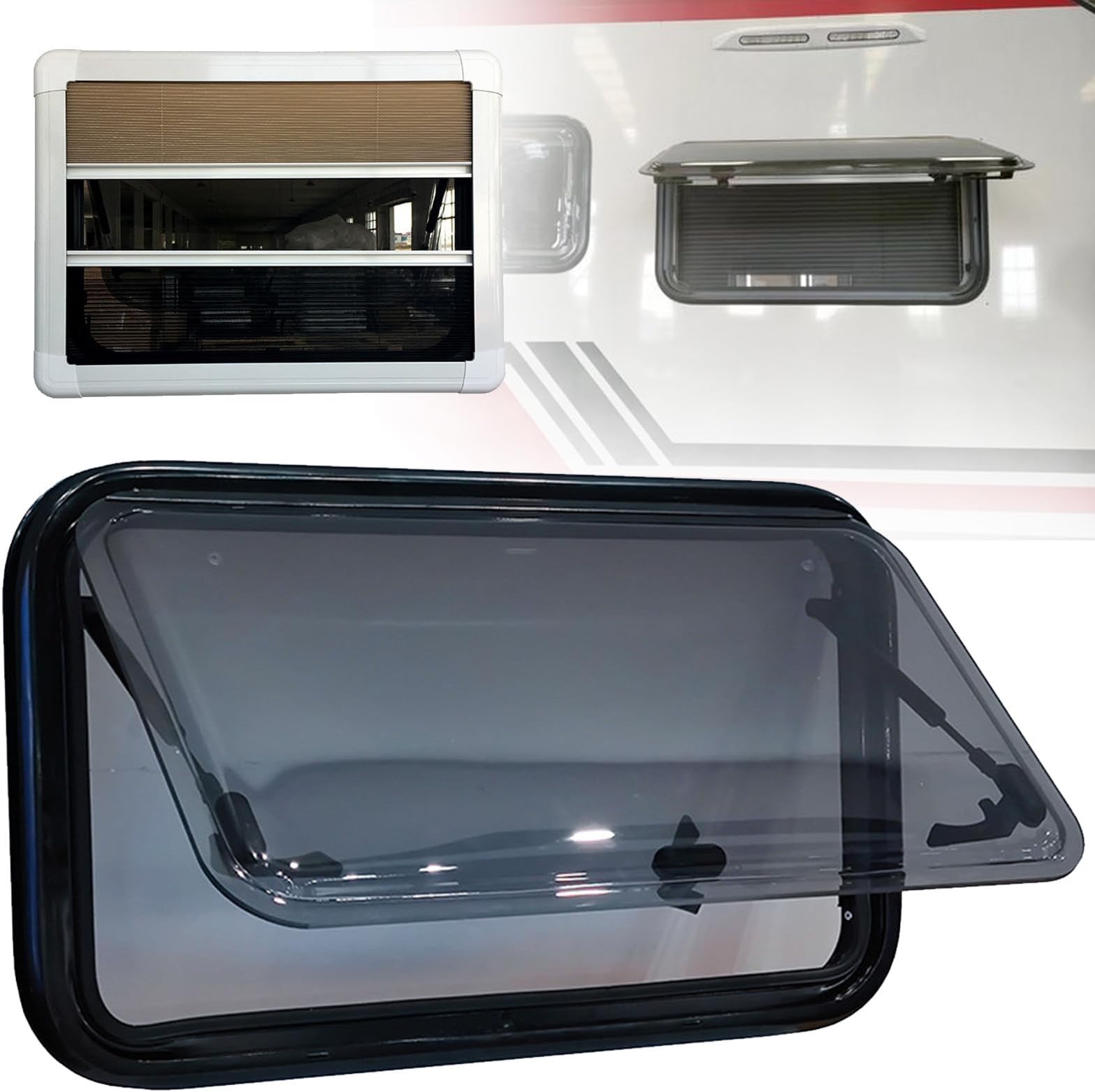 RV Push Out Window, RV Window, Windows Replacement, Top-Hung Window Side Window RV Window Hatch w/Awning Screen, for Caravan, Motorhome, Trailer, Yacht,600x600mm