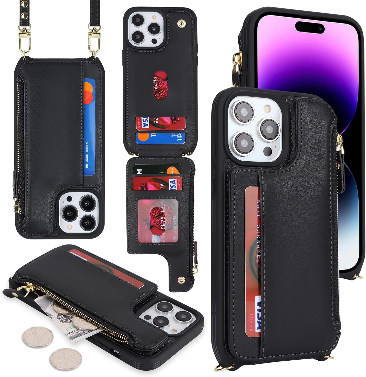 Cavor for iPhone 13 Pro Max Wallet Case with Card Holder for Women,for iPhone 12 Pro Max Case with Strap,Crossbody and Wristlet Zipper Pocket Phone Cover-Black - Image 3