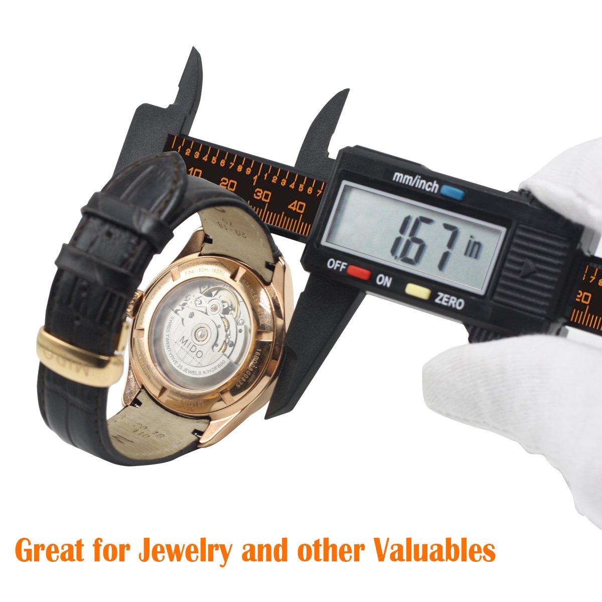 Digital caliper measuring the inside diameter of a watch casing