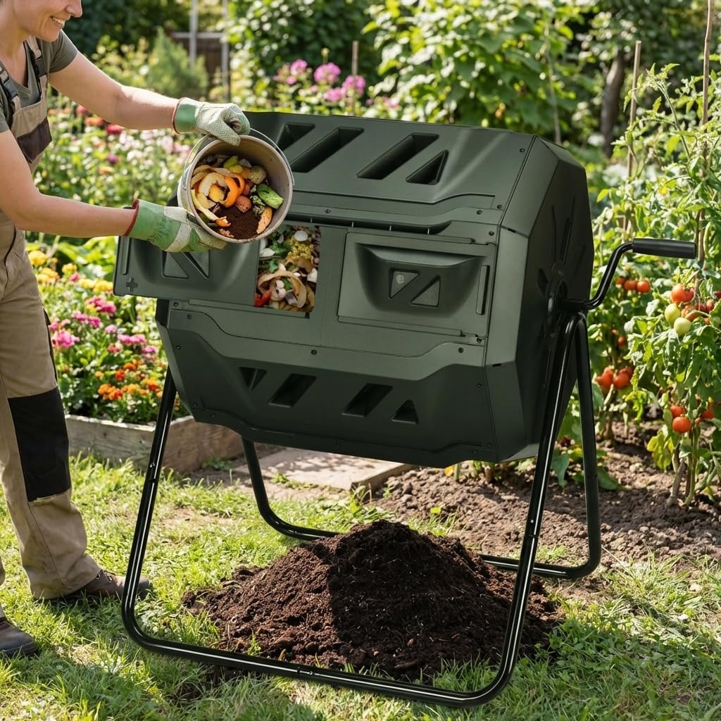 43 Gallon Composting Tumbler with Dual Rotating Chamber, Compost bin Outdoor Compost Bin for Fast Decomposition, Dual-Batch Composter with Aeration Vents and Easy-Turn Home Compost