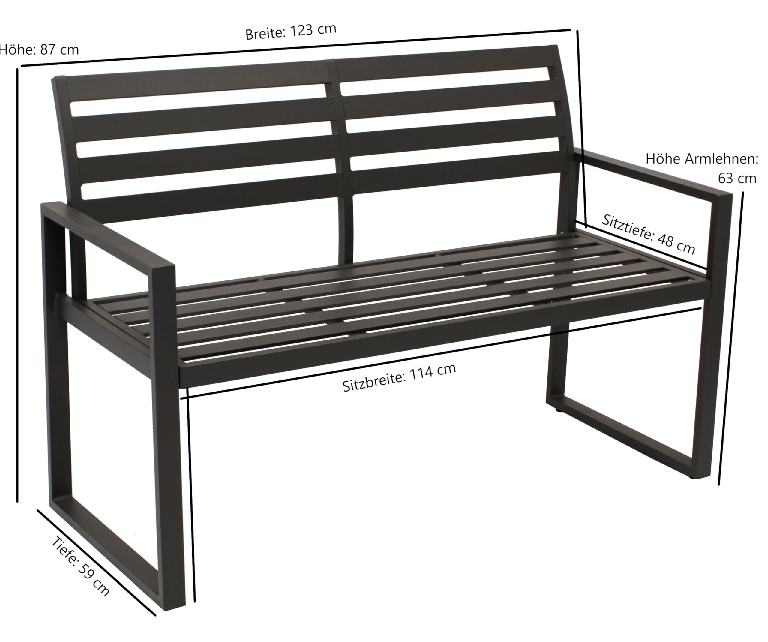 DEGAMO Design Gartenbank Atlanta 2-sitzer 123cm, aus Aluminium wetterfest und rostfrei, schwarz, Outdoor