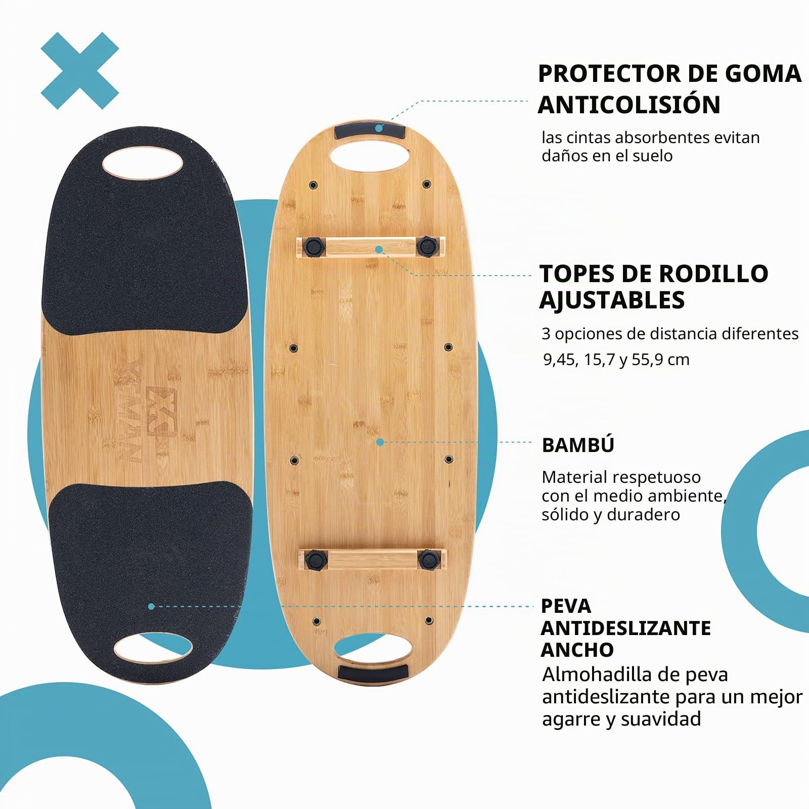 XCMAN Tabla de equilibrio de bambú con tapones ajustables, 3 opciones de distancia diferentes, tabla de equilibrio para surf, snowboard, esquí, patinaje, entrenamiento de yoga
