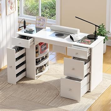 Manicure Table for Nail Tech with Glass Top, Visible Drawers & Trash Bag Holder, Acetone-Resistant Manicure Nail Desk, Beauty Salon Workstation with Wrist Rest & Electric Dust Collector White