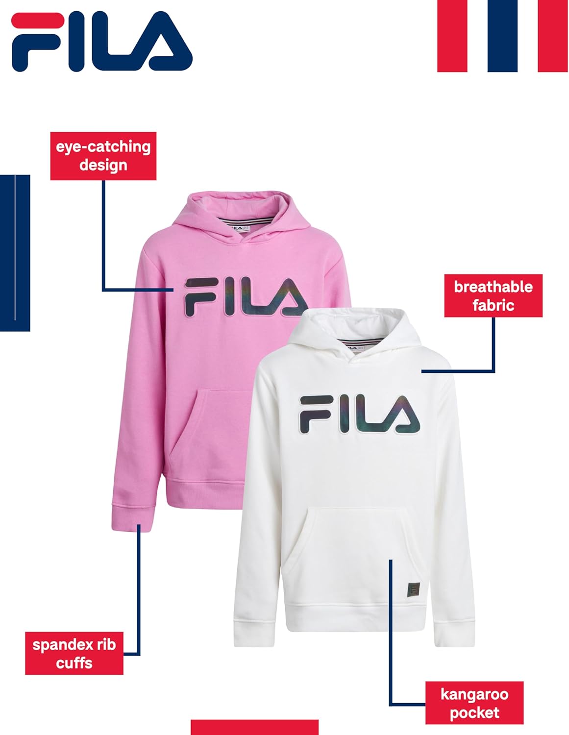 Fila Boys Sweatshirts - 2 Pack Lightweight Soft Fleece Athletic Graphic Hoodies Sweatshirt for Boys with Kangaroo Pocket - Image 2